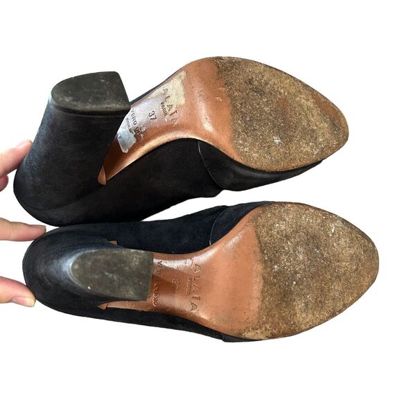 Alaia Paris D'Orsay Suede Pumps Size EU 37 US 6.5 Black Leather Chunk Heels‎ - Picture 8 of 9